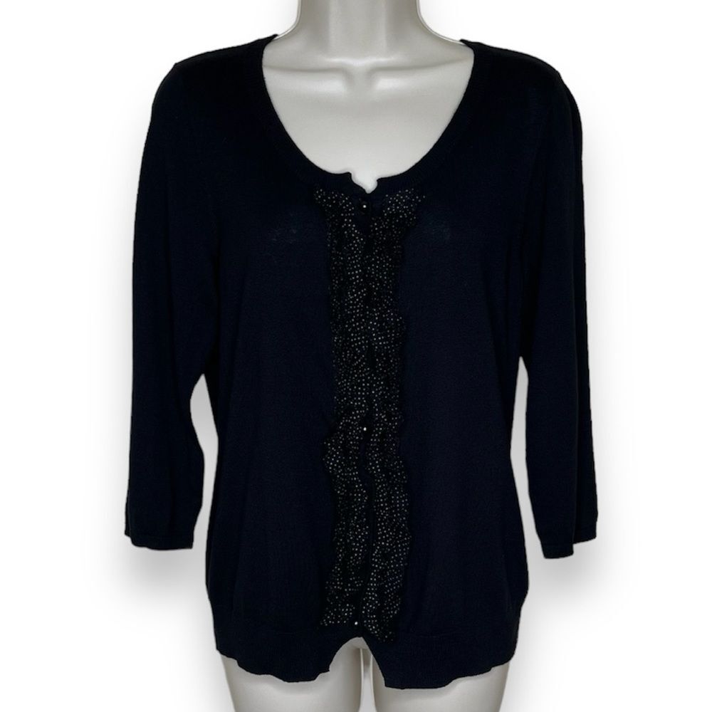 Talbots Silk Blend Button Front Polka Dot Ruffle Black Cardigan Womens Medium